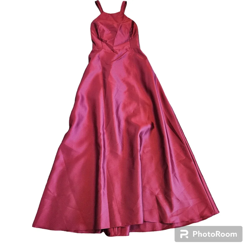 Alfred Sung Satin Twill Halter Lace Up Back A-Line Maxi Dress Burgundy Womens 16 - Picture 2 of 9